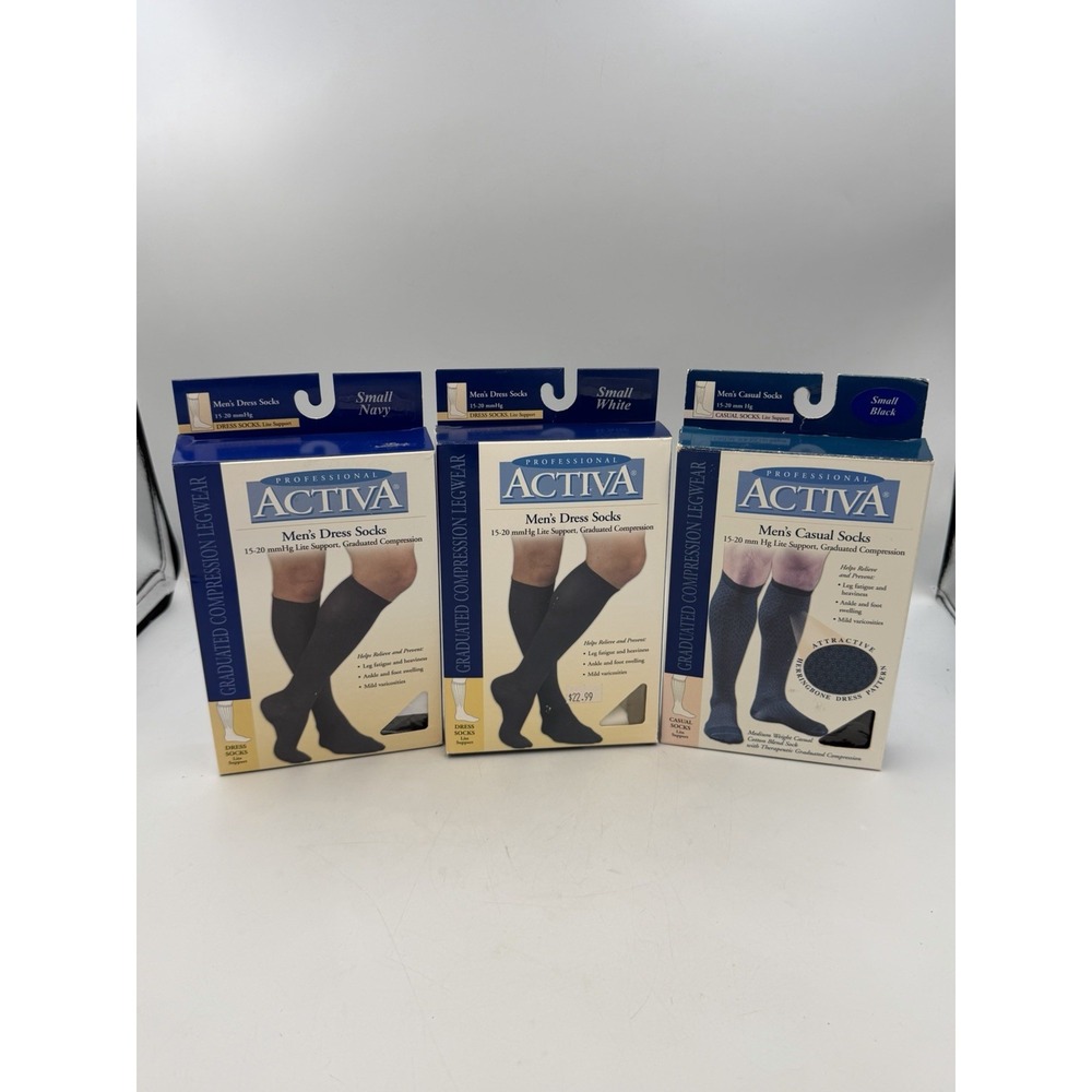 Activa Mens Compression Socks Small 15-20 mmHg Navy White Black 3 Pair Lot NEW